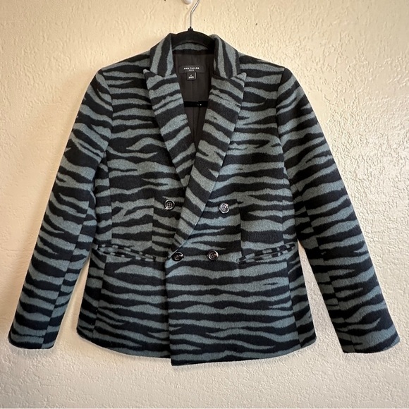Ann Taylor Green Zebra Print Wool Coat‎ Double Breasted Statement Blazer Petite - Picture 4 of 10